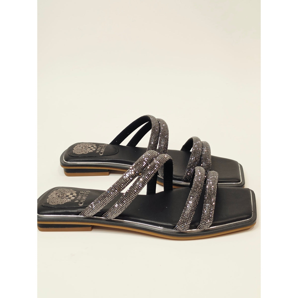 Vince Camuto Peomi Black Crystal-Strap Slide Sandals