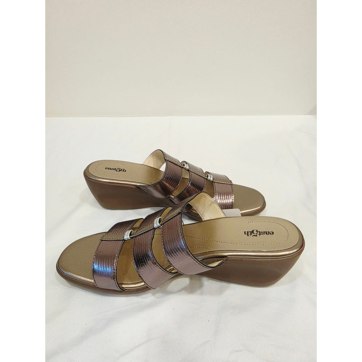 East 5th Evergreen Women's Metallic Bronze Triple-Strap Slide Sandals