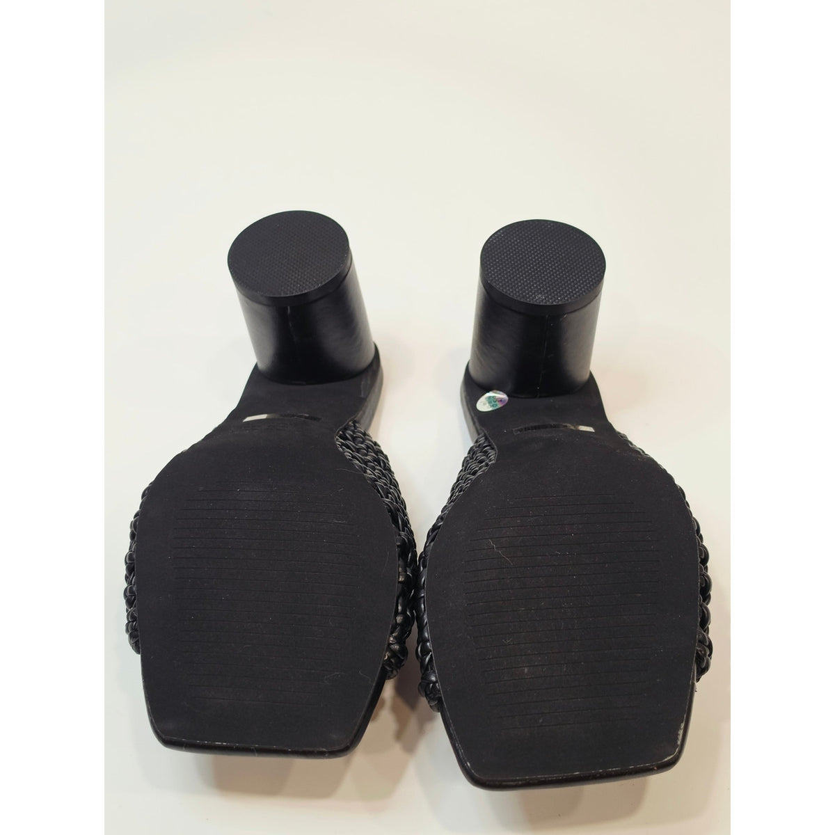 INTENTIONALLY BLANK Cassandra Black Woven Square-Toe Block Heel Mule Sandals