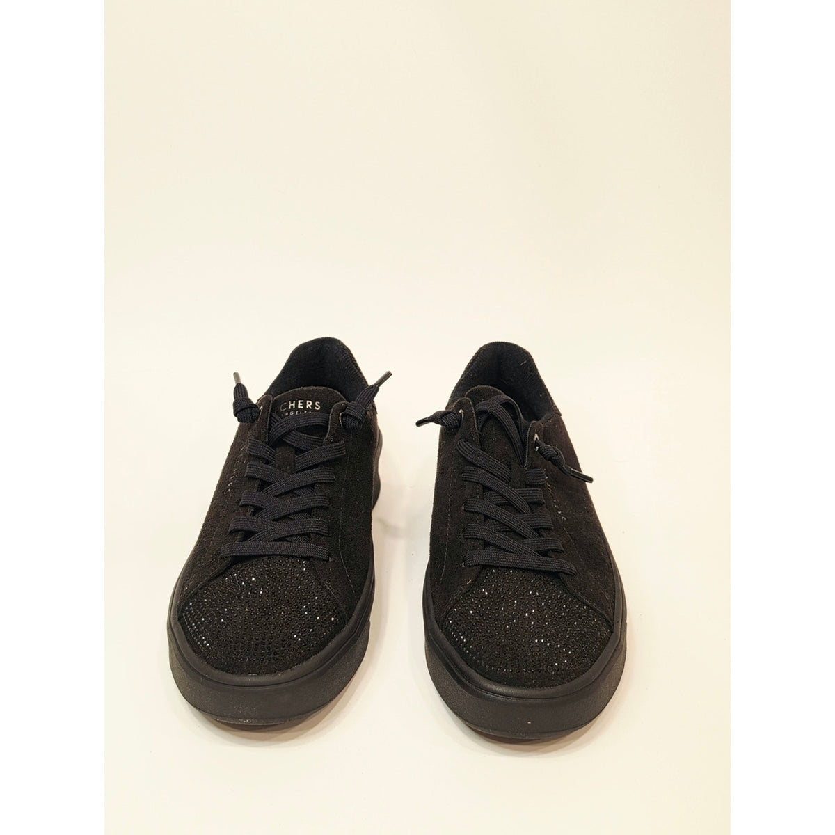 Skechers Court Break embellished black sneakers with rhinestone-accented toes