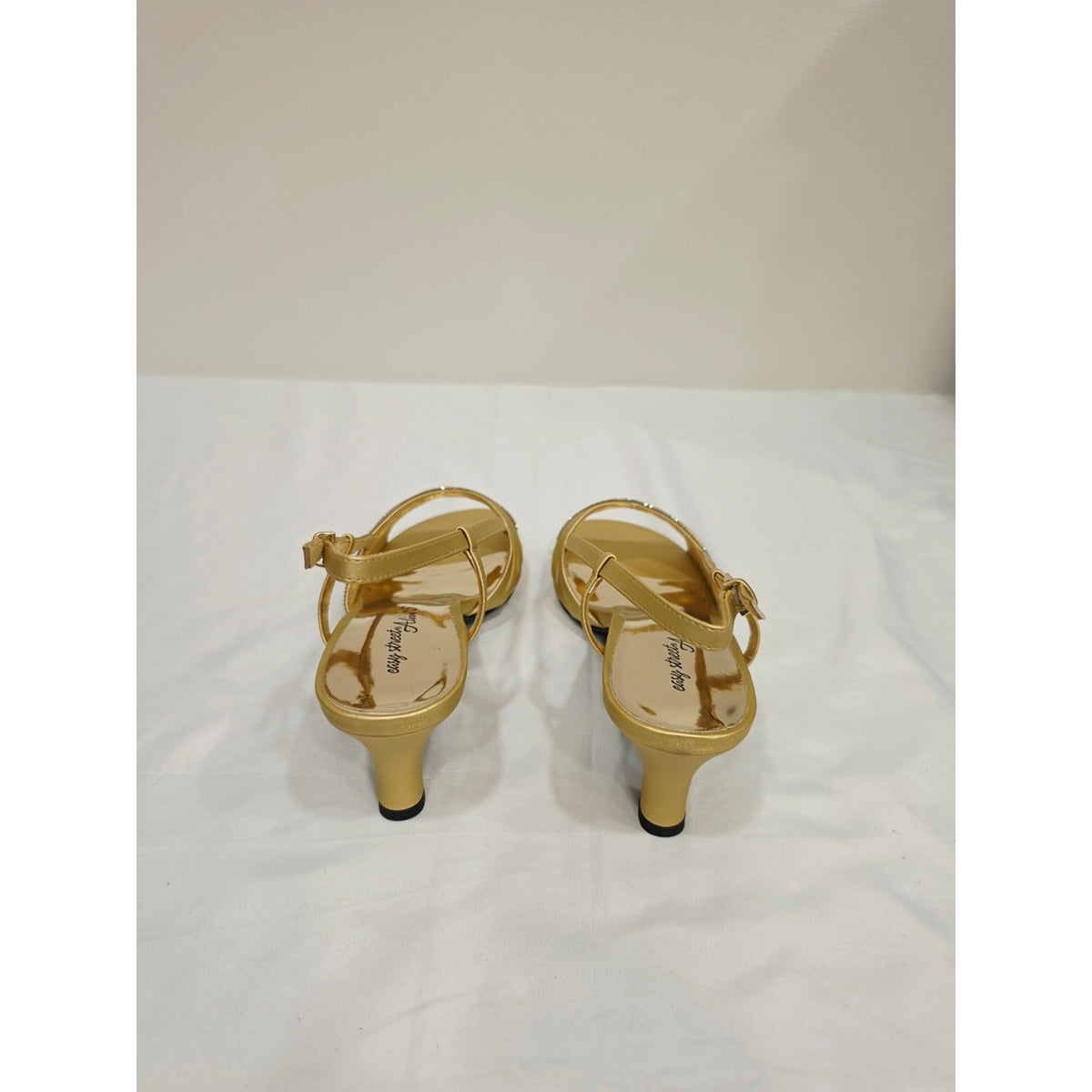 easy street Gold Satin Delite Slingback Heels with Rhinestone Band