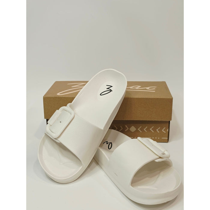 Zodiac Desert White Slide Sandals with Buckle Accent