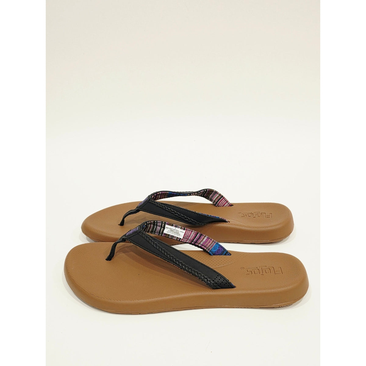 Flojos Women's Brown Footbed Flip Flops with Black Straps and Purple Accent