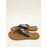 Flojos Women's Brown Footbed Flip Flops with Black Straps and Purple Accent