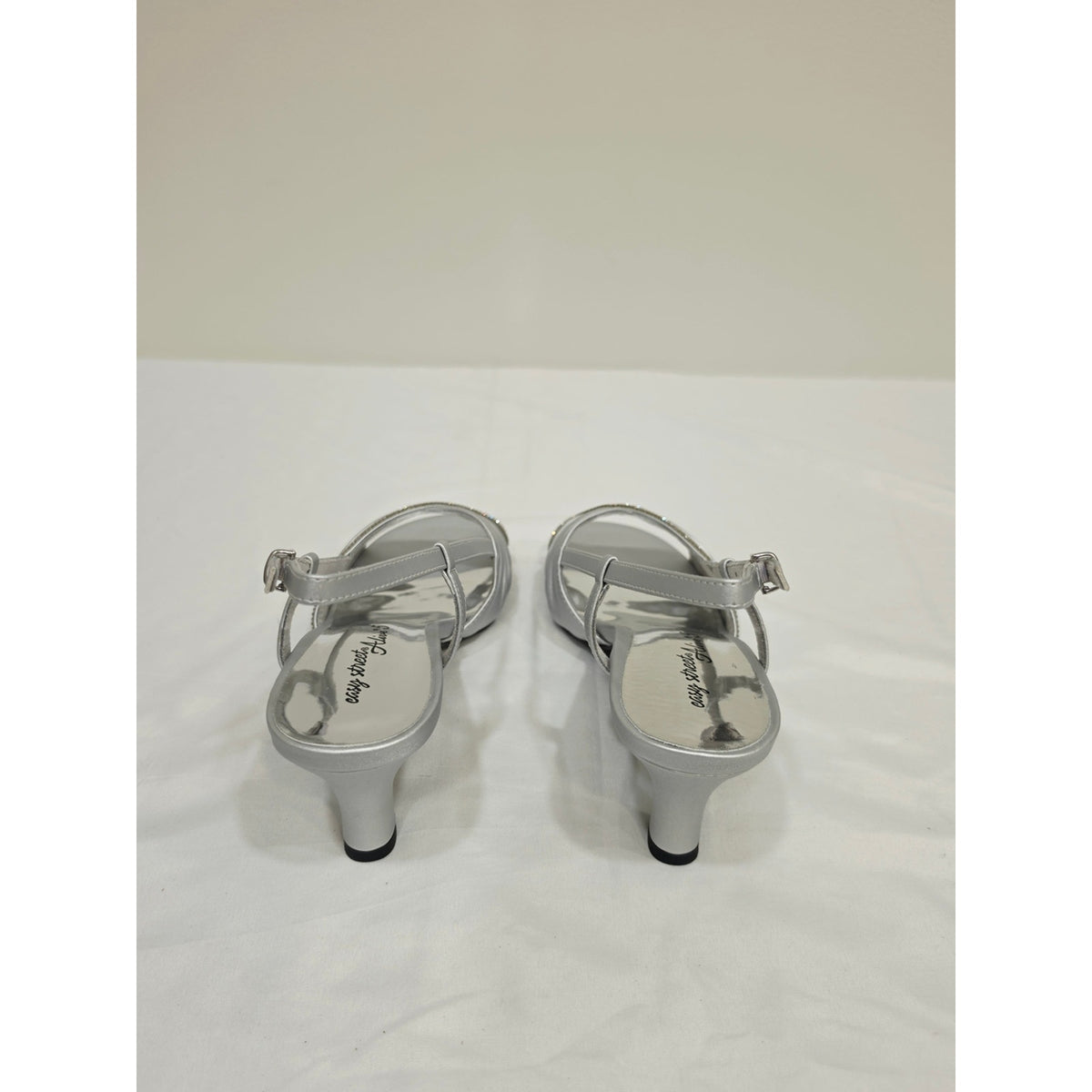 easy street Silver Satin Delite Rhinestone Slingback Heels