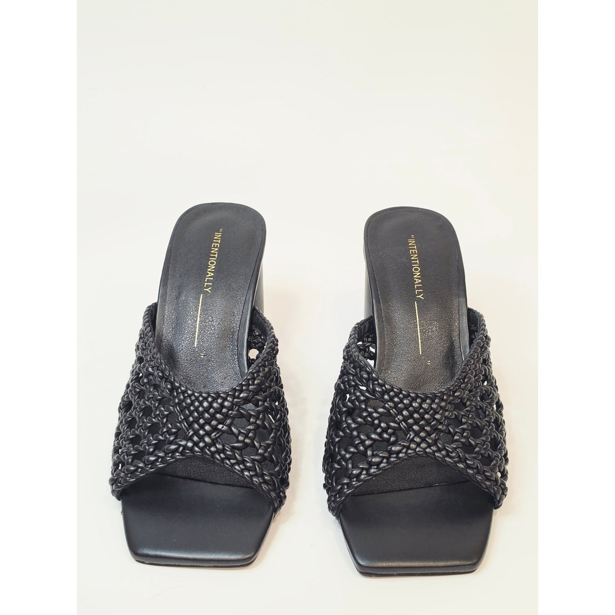 INTENTIONALLY BLANK Cassandra Black Woven Square-Toe Block Heel Mule Sandals