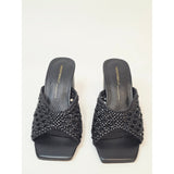 INTENTIONALLY BLANK Cassandra Black Woven Square-Toe Block Heel Mule Sandals