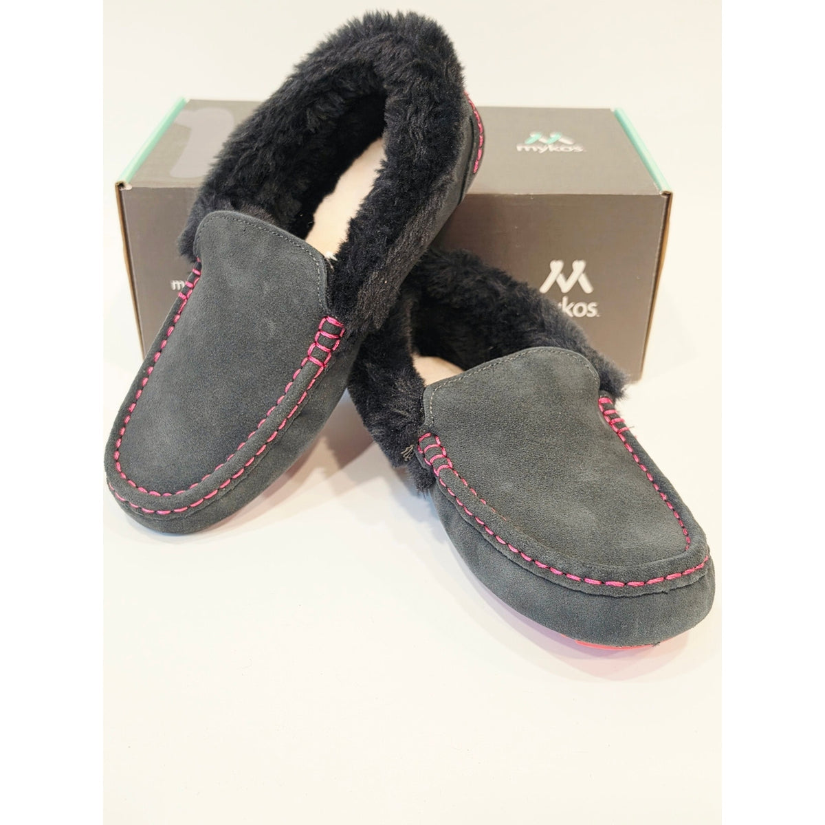Mykos Aussie Moc Women's Black Faux-Suede Moccasin with Pink Stitching