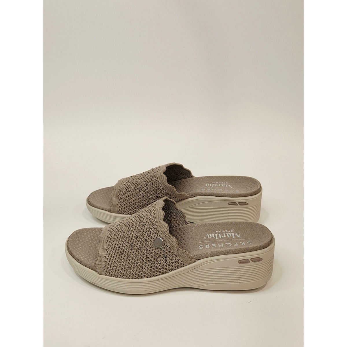 Skechers Women's Taupe Knit Slip-On Wedge Sandals With Rinestones