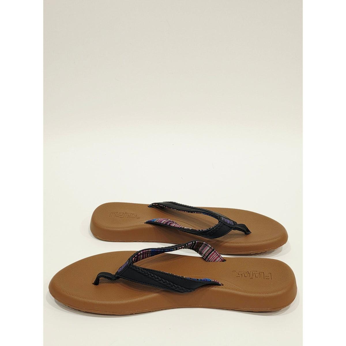Flojos Women's Brown Footbed Flip Flops with Black Straps and Purple Accent