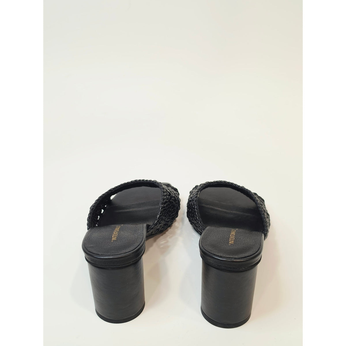 INTENTIONALLY BLANK Cassandra Black Woven Square-Toe Block Heel Mule Sandals