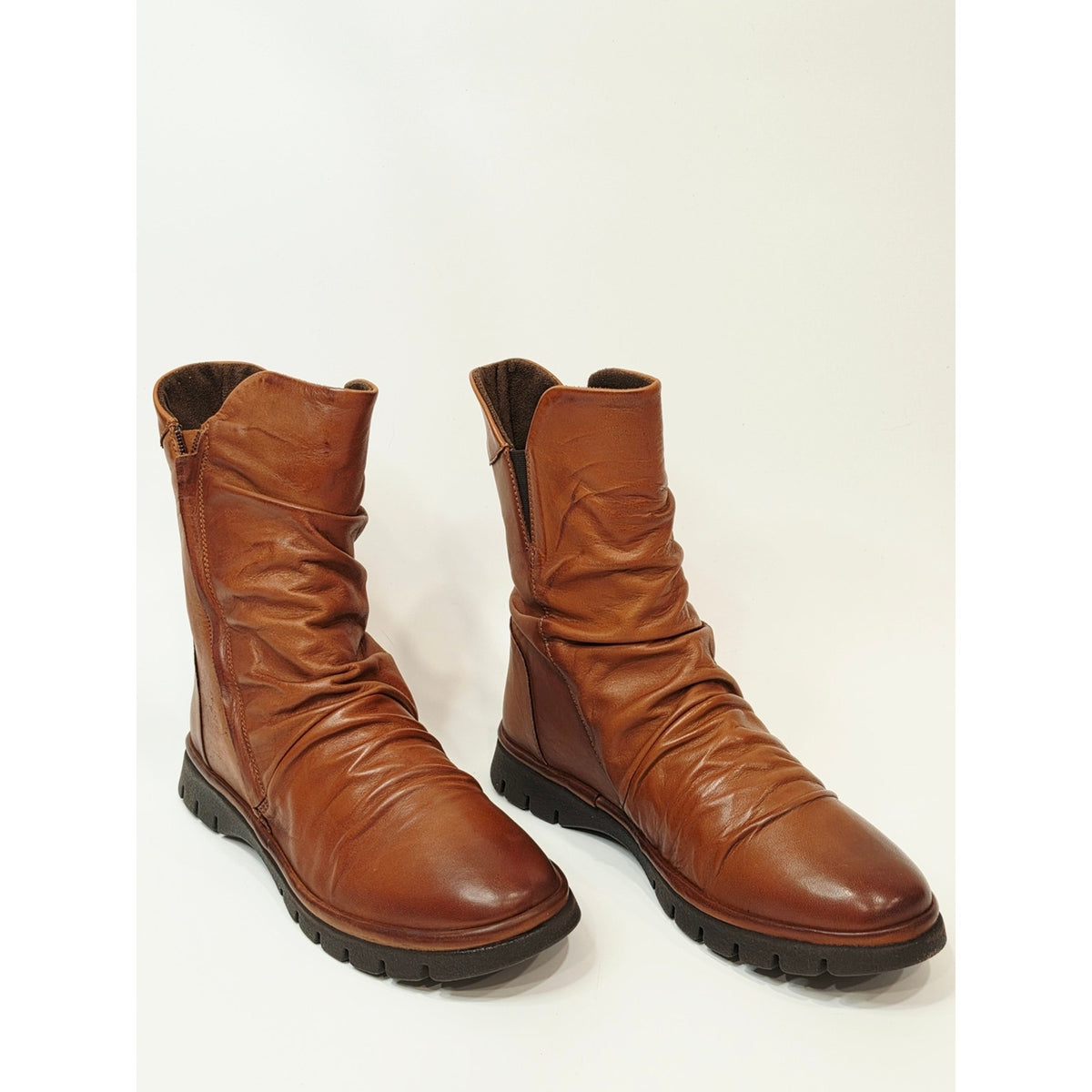 Miz Mooz Delena Ruched Leather Mid-Shaft Boots in brandy EU 38 US 7.5-8