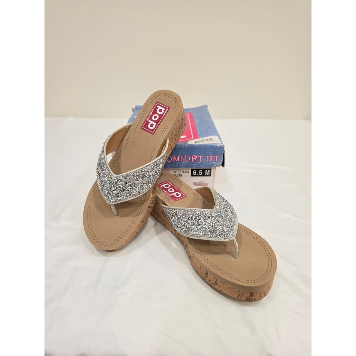 Pop Strllara Silver Glitter Cork Wedge Thong Sandals for Women