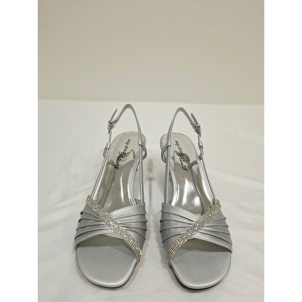 easy street Silver Satin Delite Rhinestone Slingback Heels