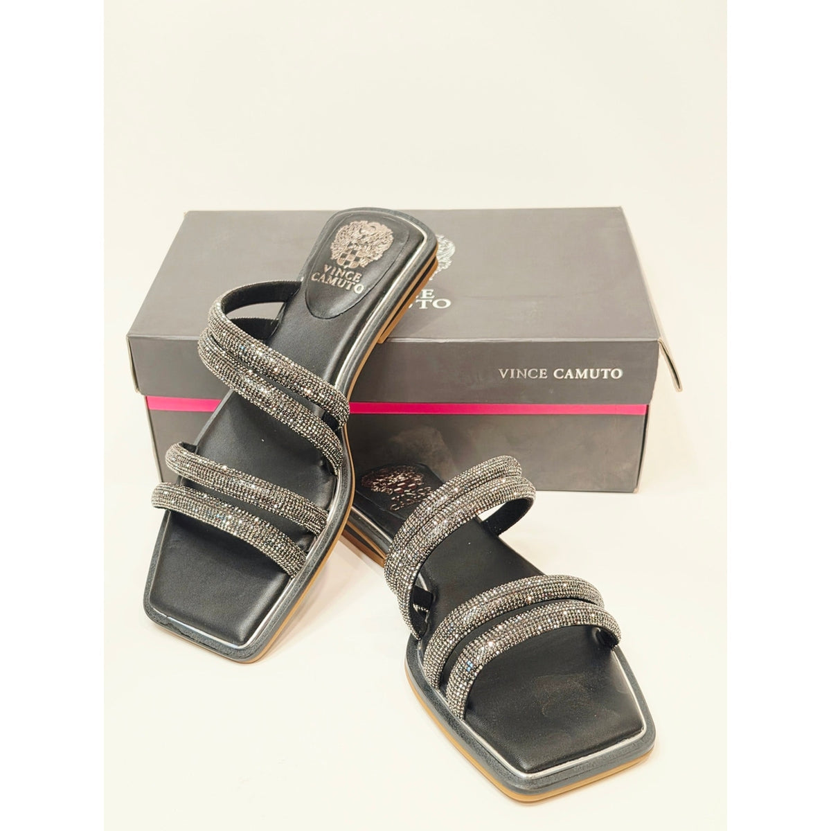 Vince Camuto Peomi Black Crystal-Strap Slide Sandals