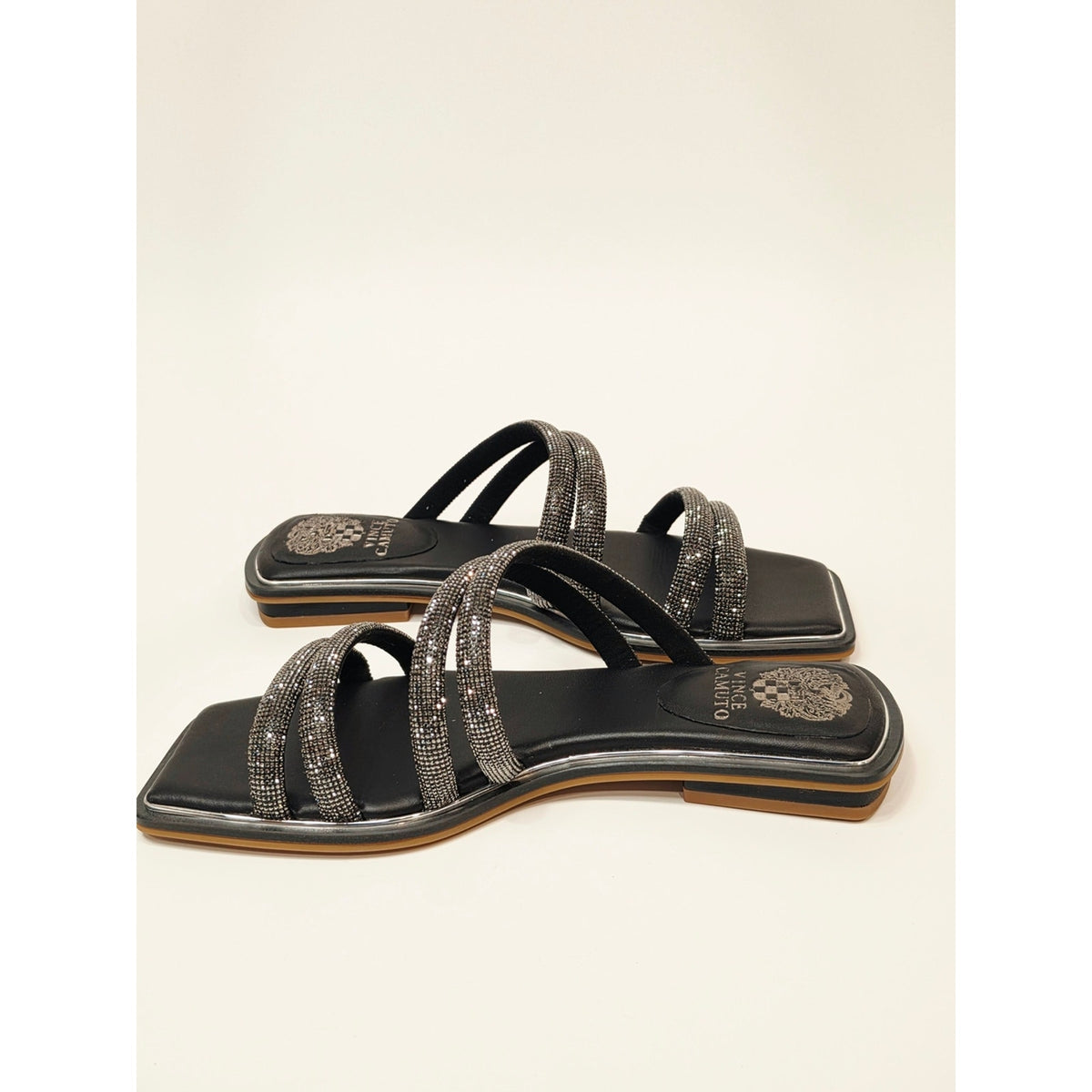 Vince Camuto Peomi Black Crystal-Strap Slide Sandals