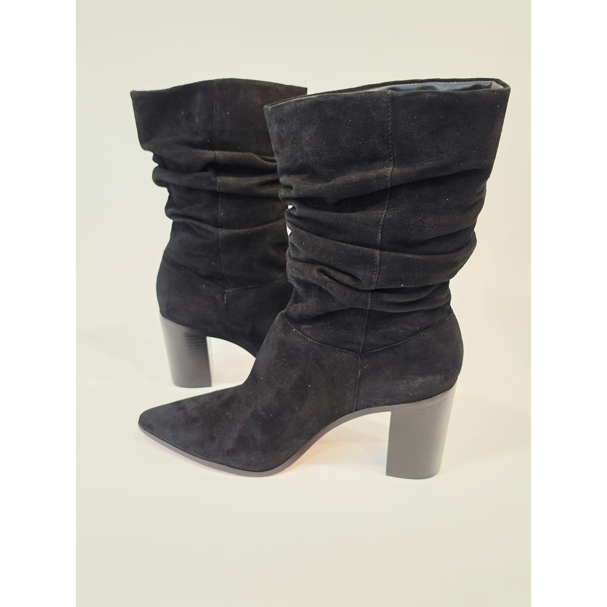 Schutz Ashlee Block Black Slouch Suade Pointed-Toe Block Heel Boots