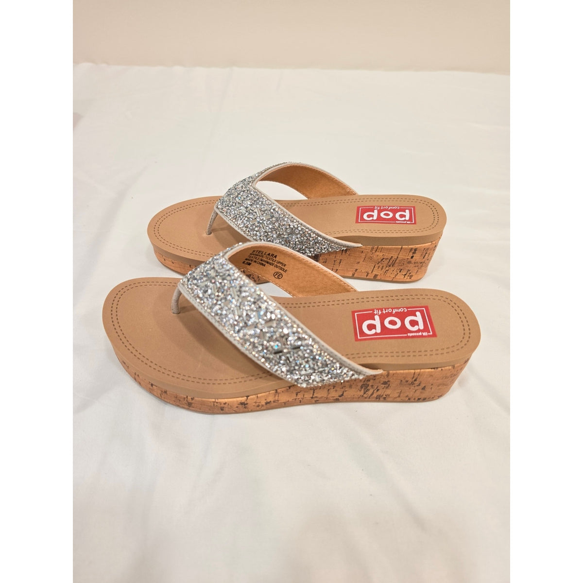 Pop Strllara Silver Glitter Cork Wedge Thong Sandals for Women