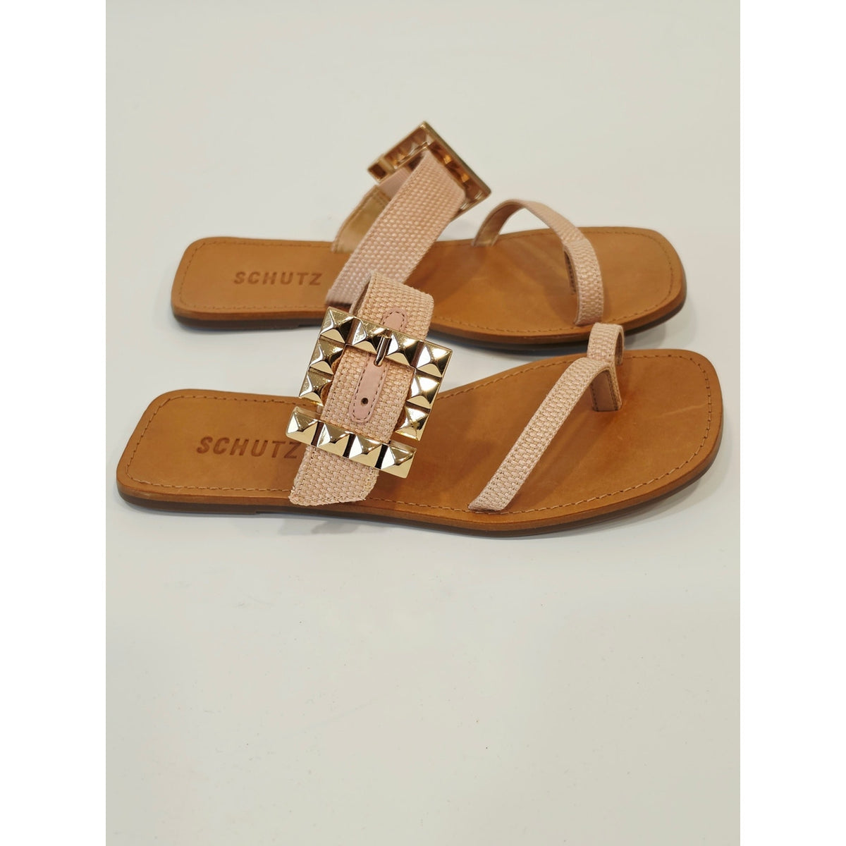 SCHUTZ Malie Flat Pink Textured Toe-Loop Sandals
