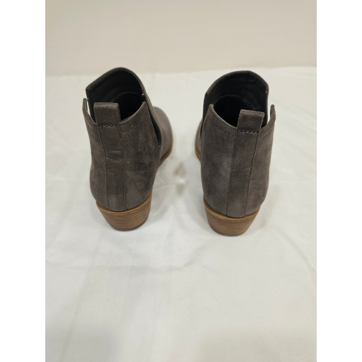 Journee Collection Rimi Gray Suede Chelsea Ankle Booties with Tan Stacked Heel