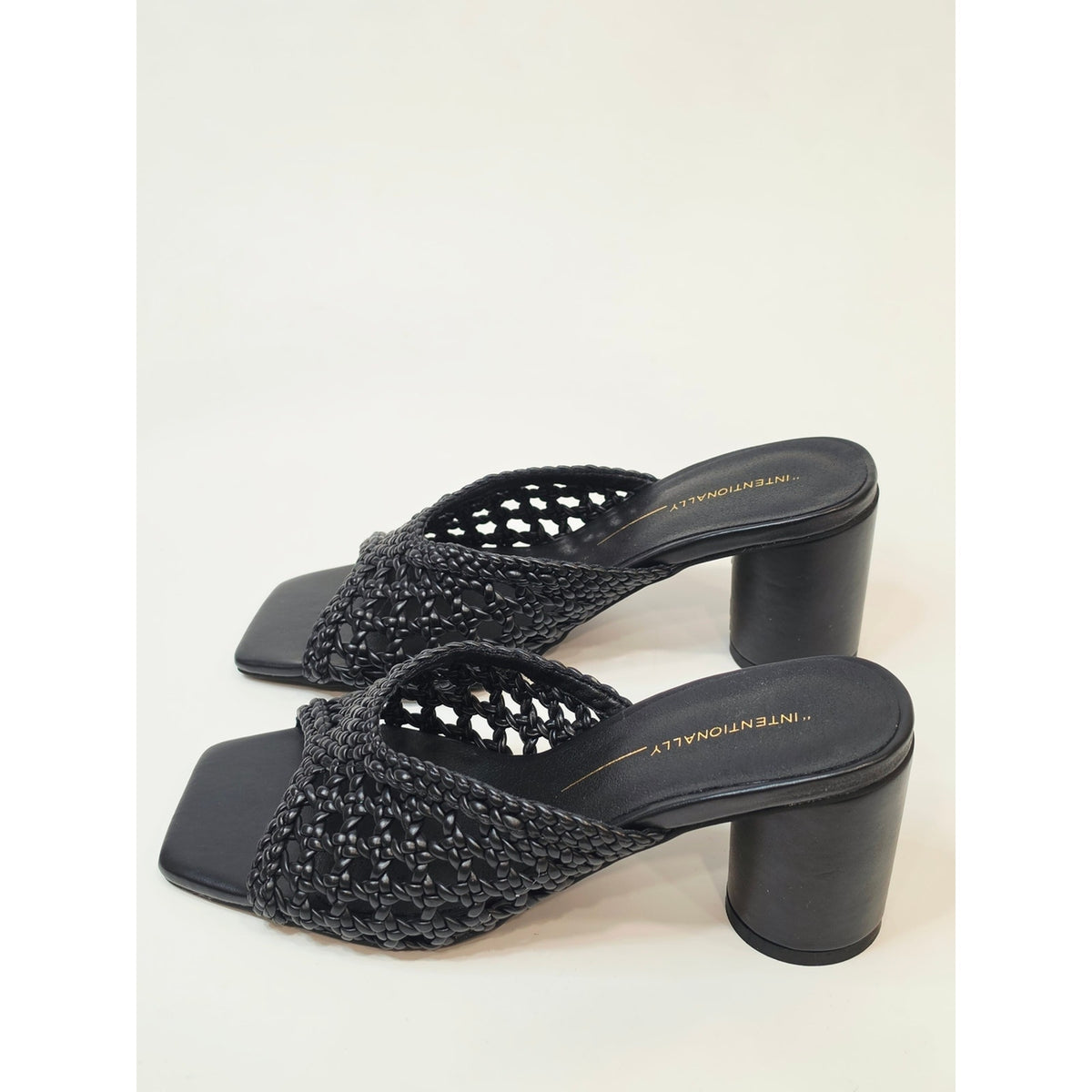 INTENTIONALLY BLANK Cassandra Black Woven Square-Toe Block Heel Mule Sandals