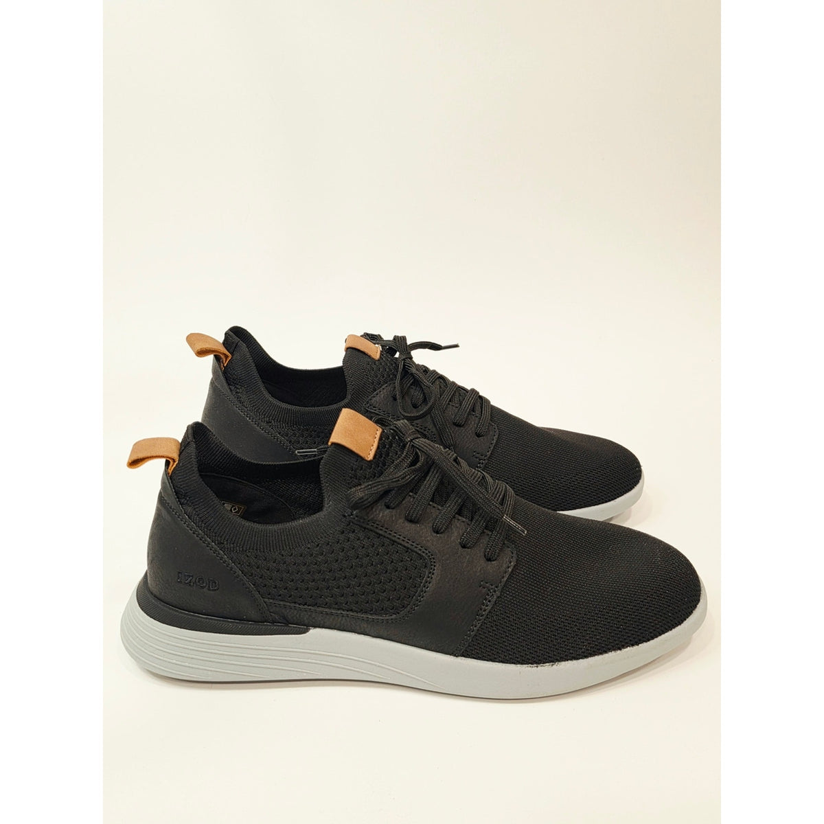 Izod Bannister Black Knit Sneakers with Tan Pull Tabs