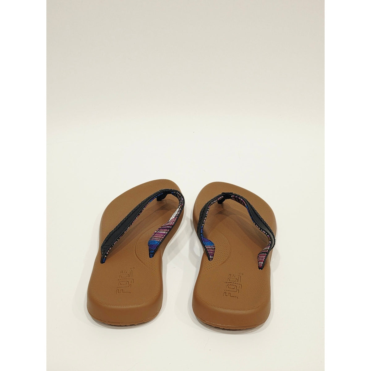 Flojos Women's Brown Footbed Flip Flops with Black Straps and Purple Accent
