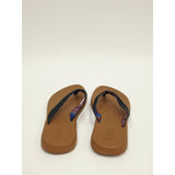 Flojos Women's Brown Footbed Flip Flops with Black Straps and Purple Accent