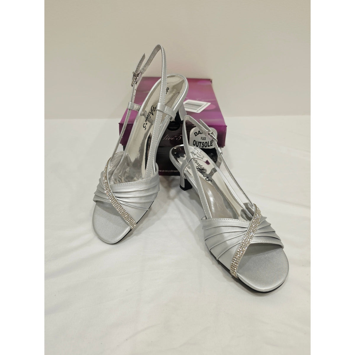 easy street Silver Satin Delite Rhinestone Slingback Heels