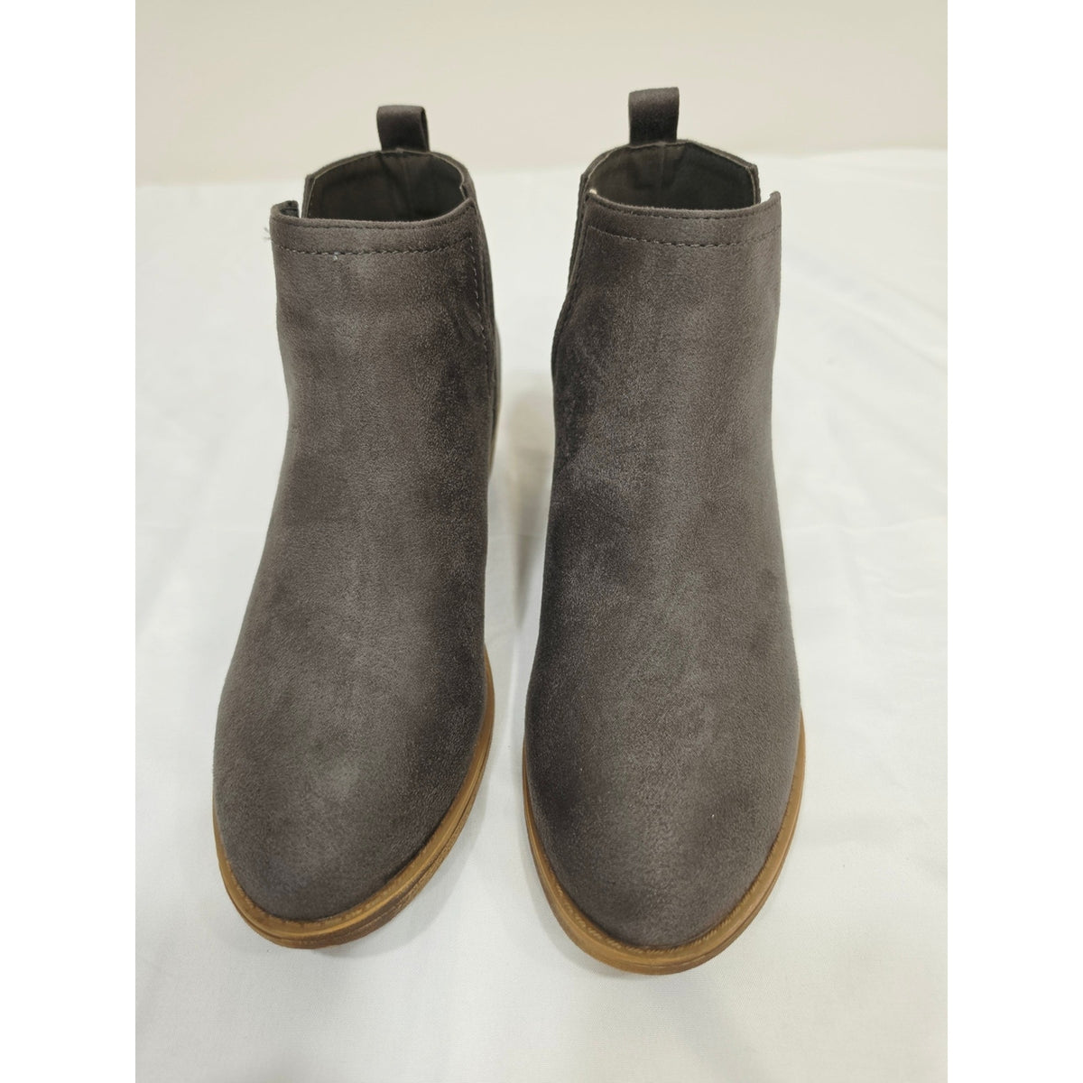 Journee Collection Rimi Gray Suede Chelsea Ankle Booties with Tan Stacked Heel