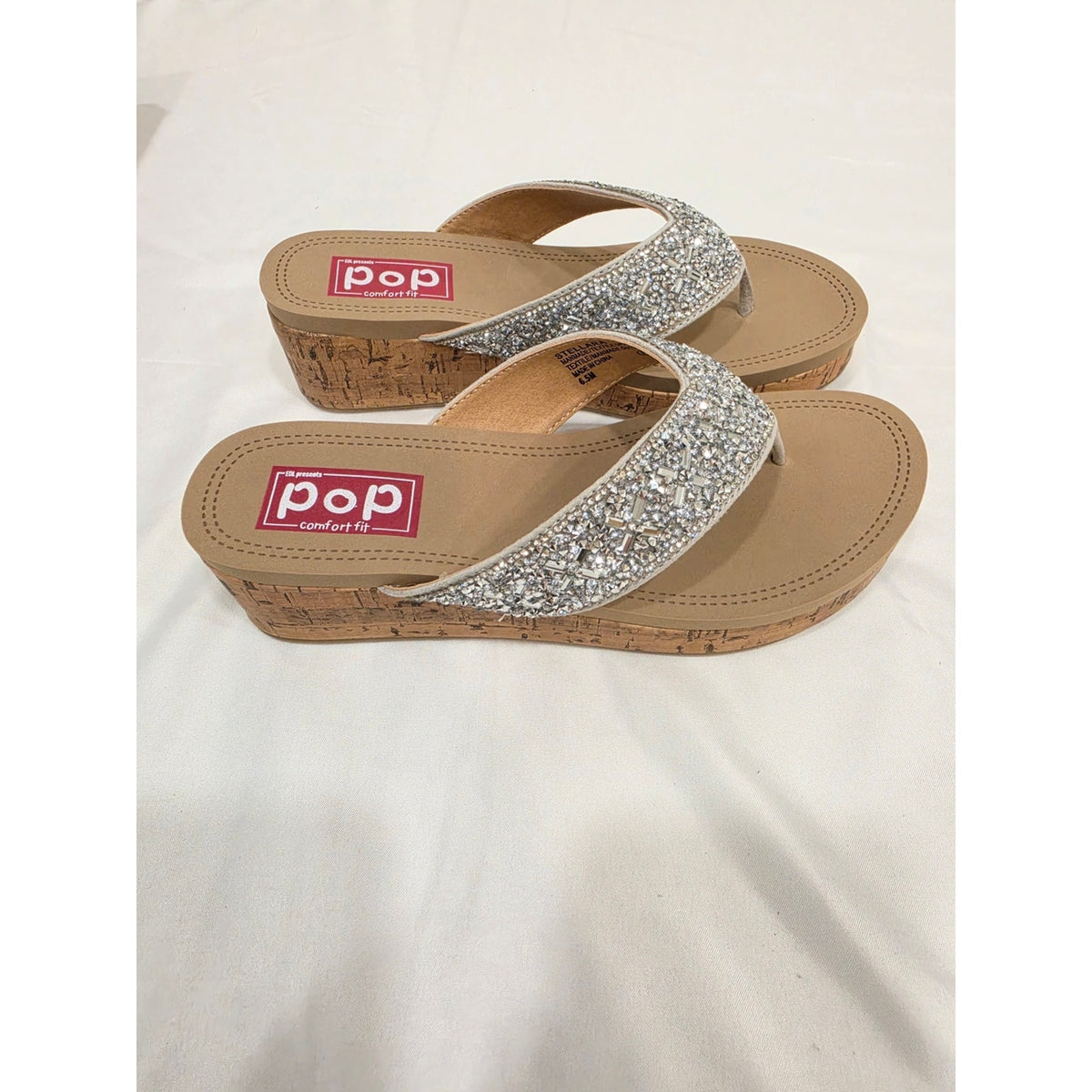 Pop Strllara Silver Glitter Cork Wedge Thong Sandals for Women