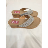 Pop Strllara Silver Glitter Cork Wedge Thong Sandals for Women