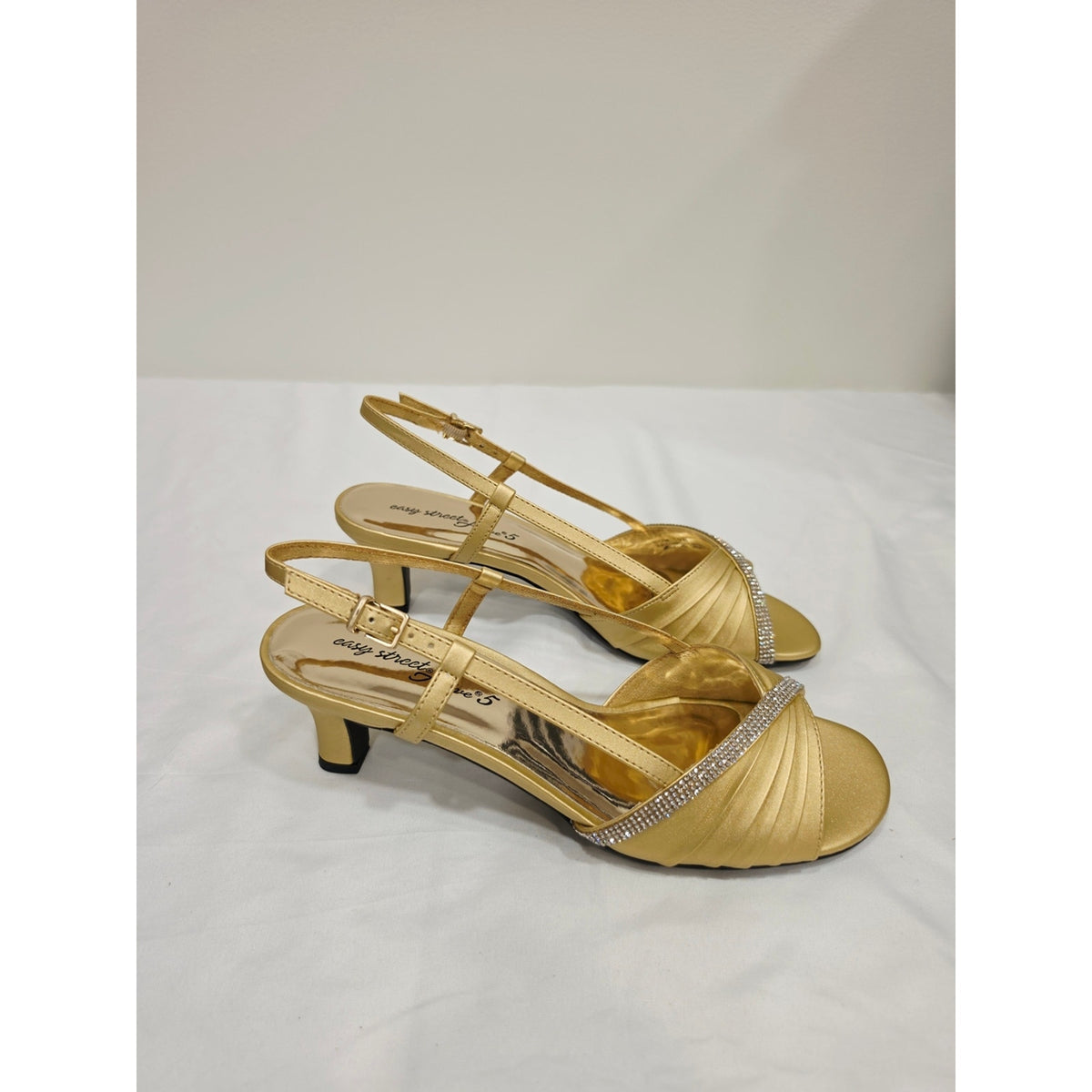 easy street Gold Satin Delite Slingback Heels with Rhinestone Band