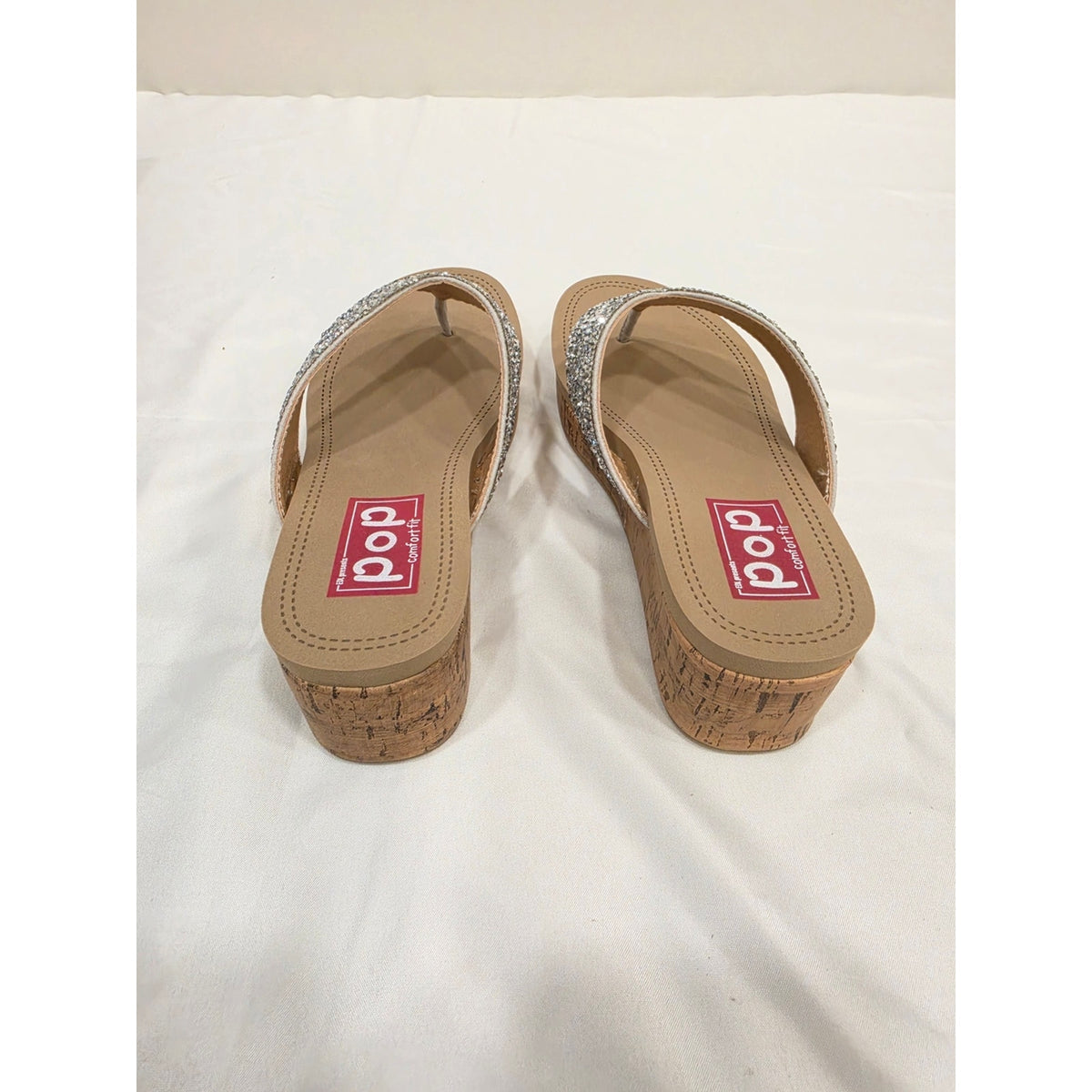 Pop Strllara Silver Glitter Cork Wedge Thong Sandals for Women