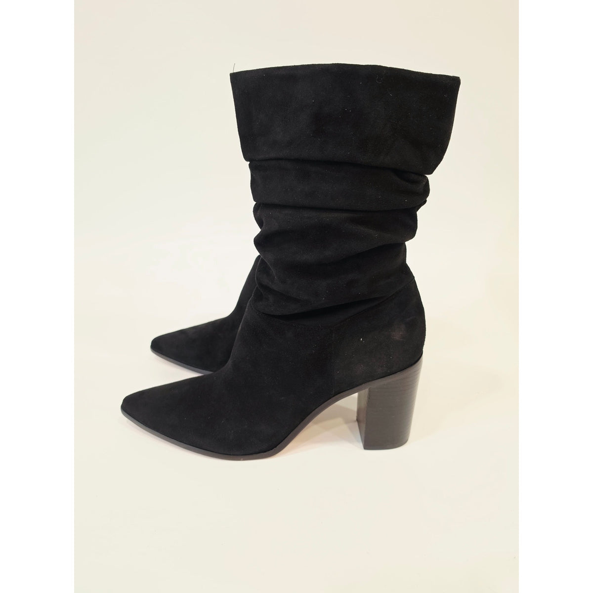Schutz Ashlee Block Black Slouch Suade Pointed-Toe Block Heel Boots