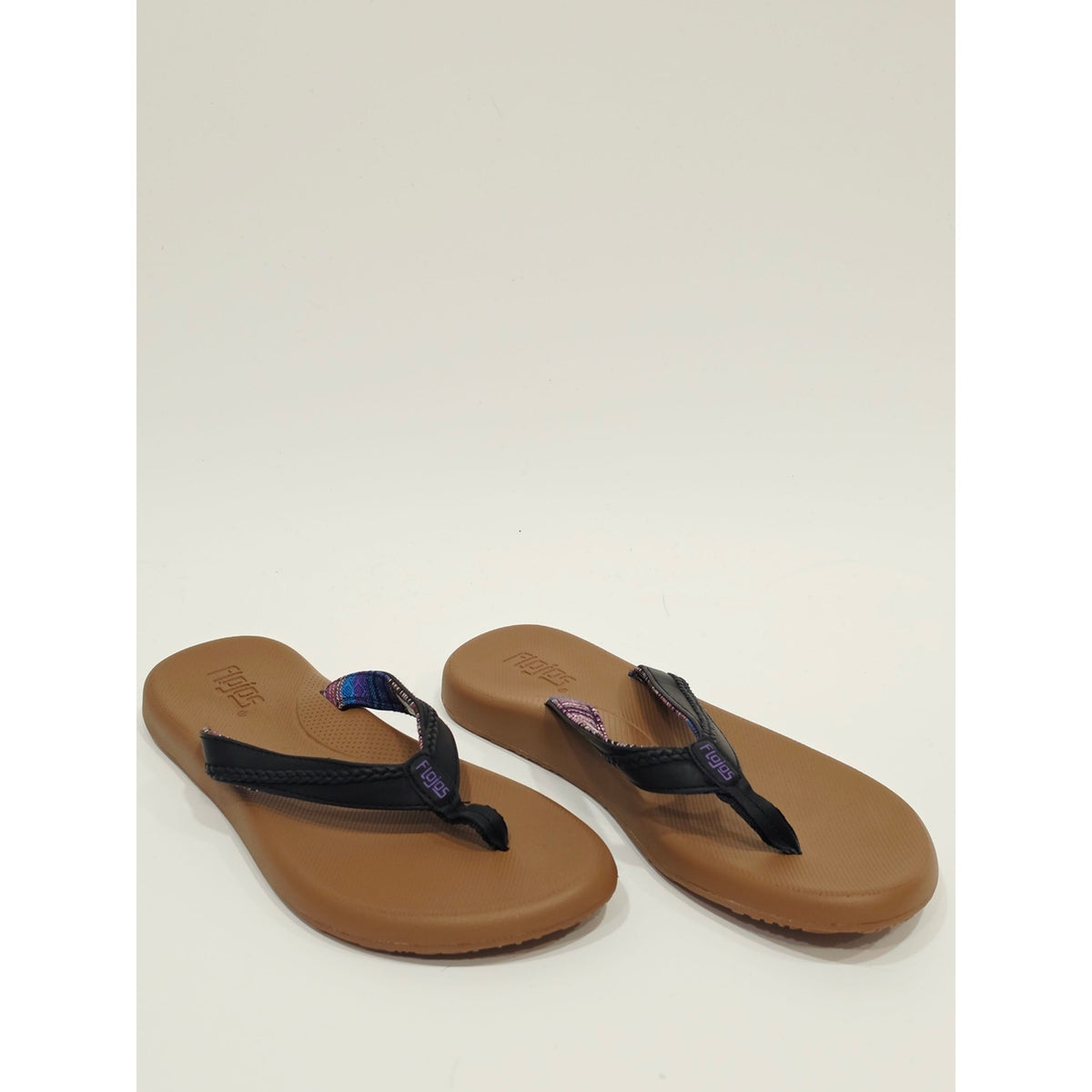 Flojos Women's Brown Footbed Flip Flops with Black Straps and Purple Accent