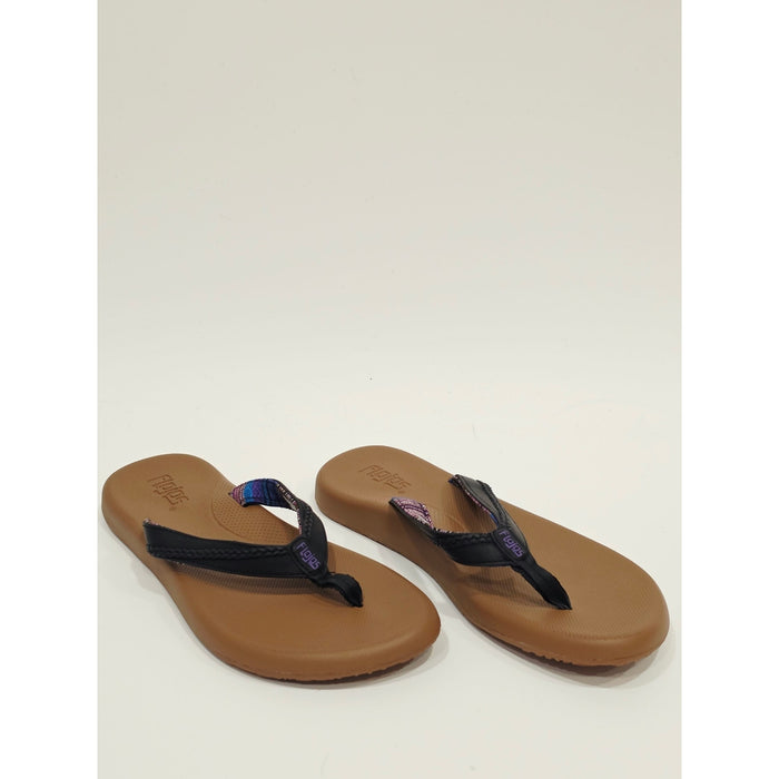 Flojos Women's Brown Footbed Flip Flops with Black Straps and Purple Accent