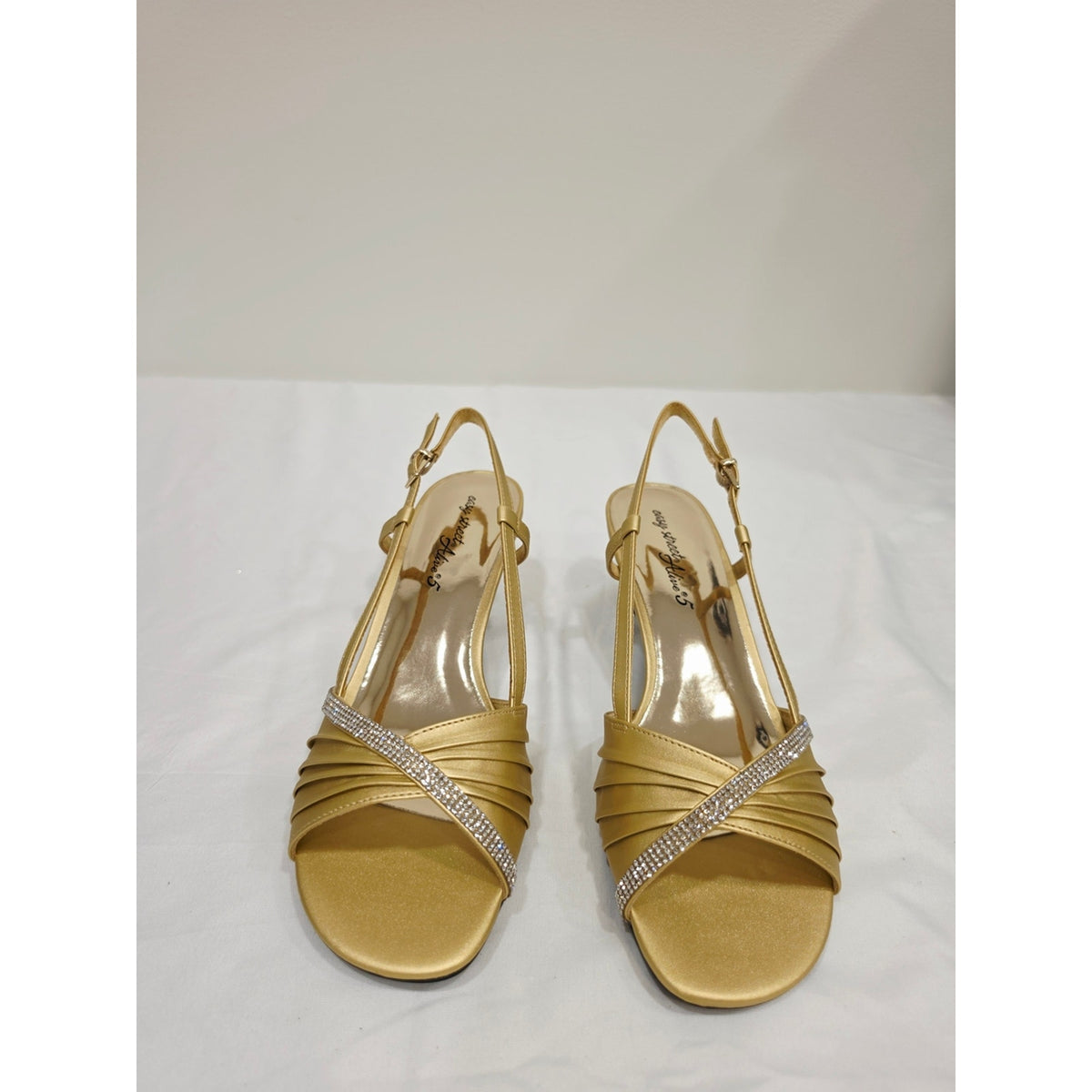 easy street Gold Satin Delite Slingback Heels with Rhinestone Band