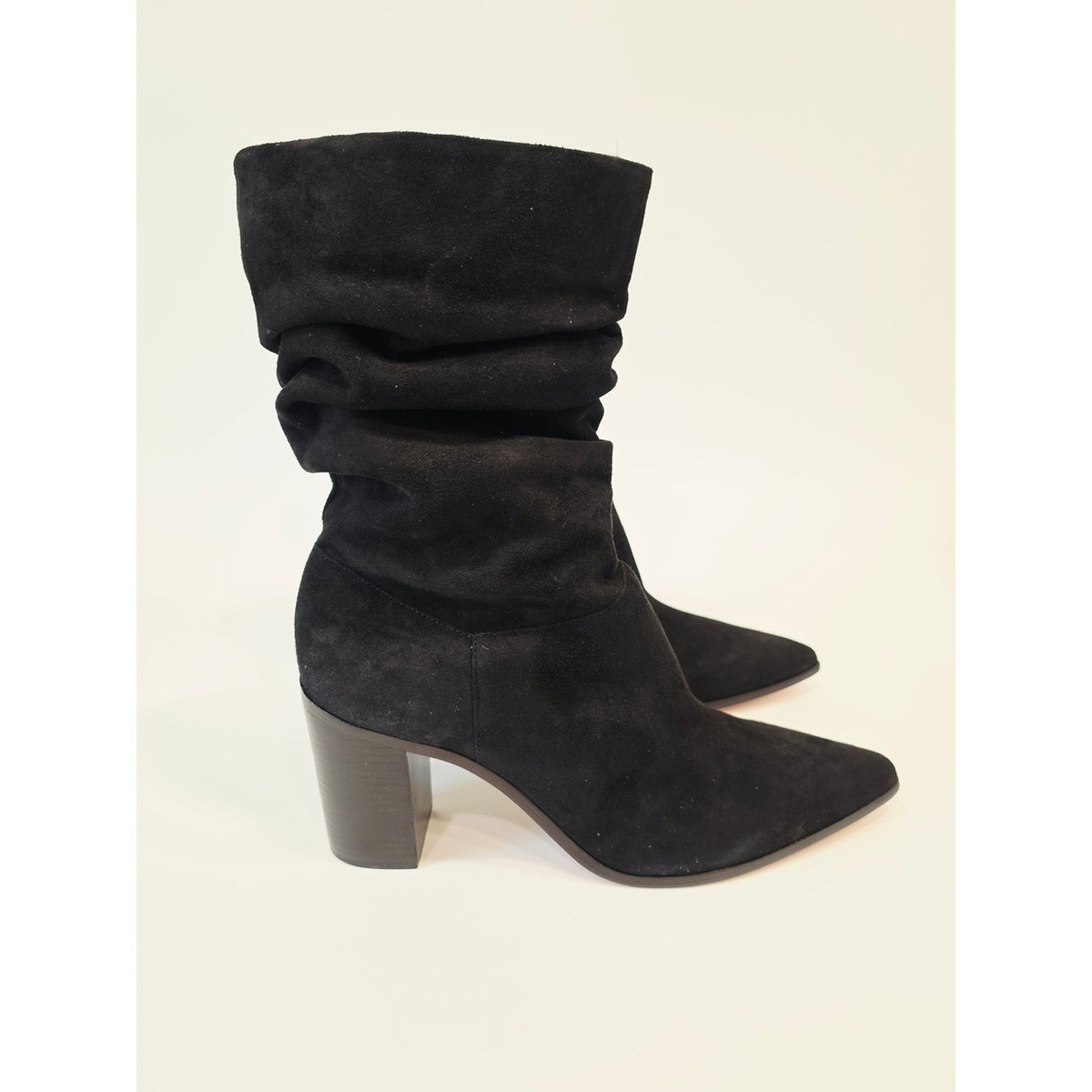 Schutz Ashlee Block Black Slouch Suade Pointed-Toe Block Heel Boots