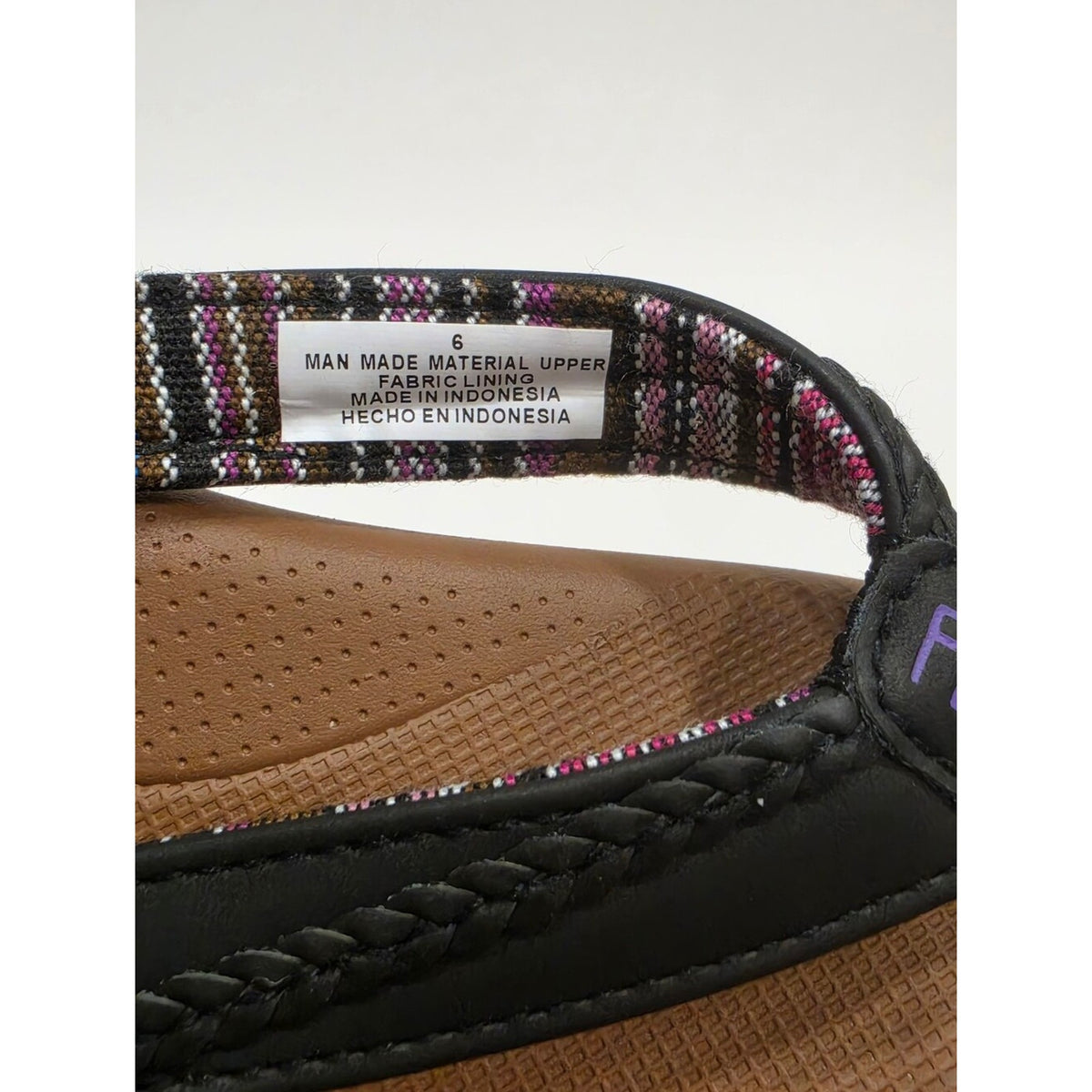 Flojos Women's Brown Footbed Flip Flops with Black Straps and Purple Accent