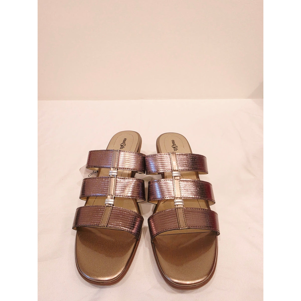 East 5th Evergreen Women's Metallic Bronze Triple-Strap Slide Sandals