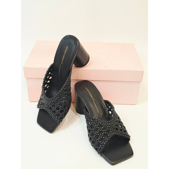 INTENTIONALLY BLANK Cassandra Black Woven Square-Toe Block Heel Mule Sandals