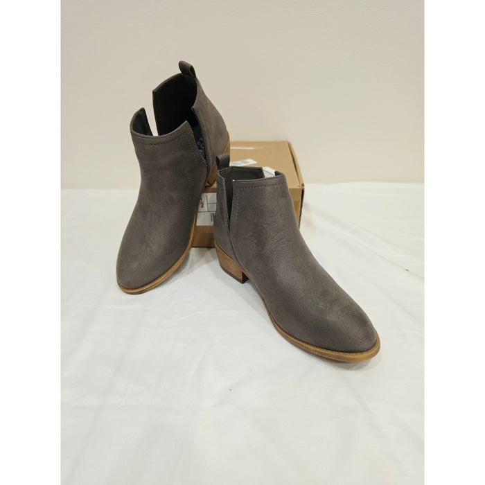 Journee Collection Rimi Gray Suede Chelsea Ankle Booties with Tan Stacked Heel
