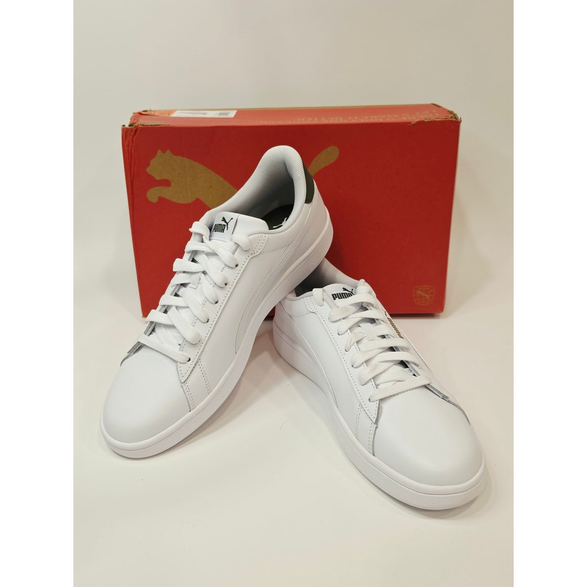 Puma Men’s Ace Court Classic Whitewith Olive Green Accwnts Leather Sneakers