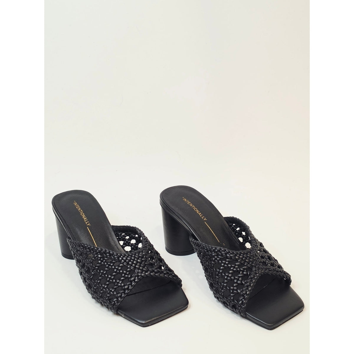 INTENTIONALLY BLANK Cassandra Black Woven Square-Toe Block Heel Mule Sandals