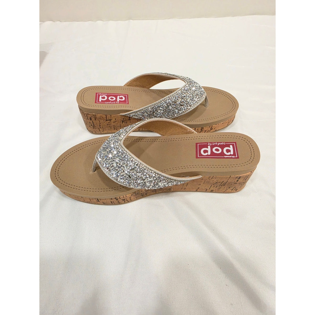 Pop Strllara Silver Glitter Cork Wedge Thong Sandals for Women