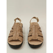 Clarks Lexi Marigold Q Sandals in a beige snake-print leather finish