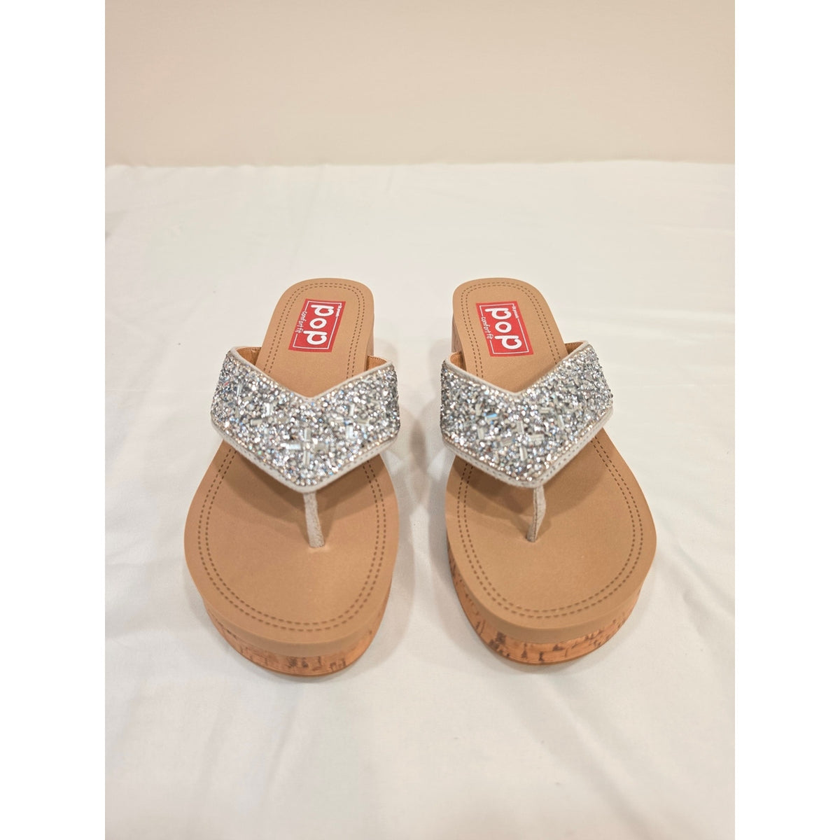 Pop Strllara Silver Glitter Cork Wedge Thong Sandals for Women