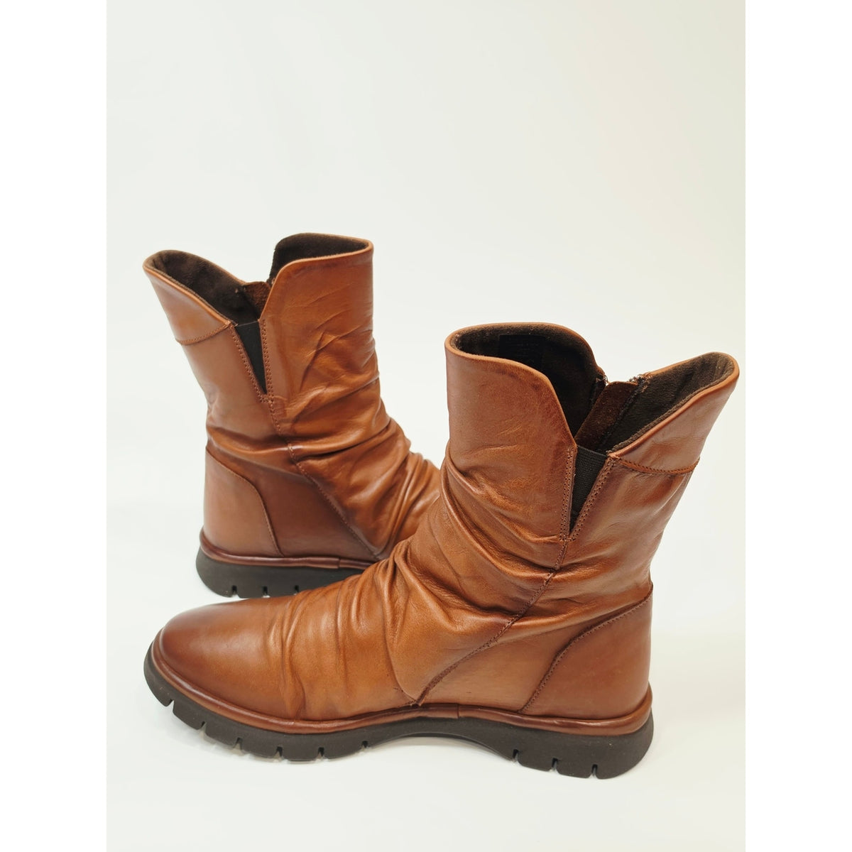 Miz Mooz Delena Ruched Leather Mid-Shaft Boots in brandy EU 38 US 7.5-8