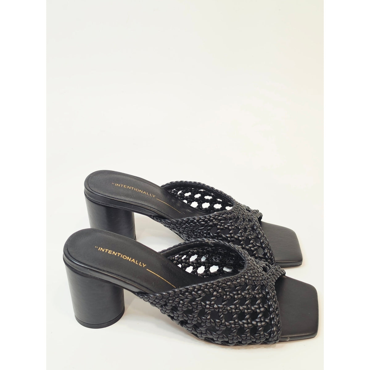 INTENTIONALLY BLANK Cassandra Black Woven Square-Toe Block Heel Mule Sandals